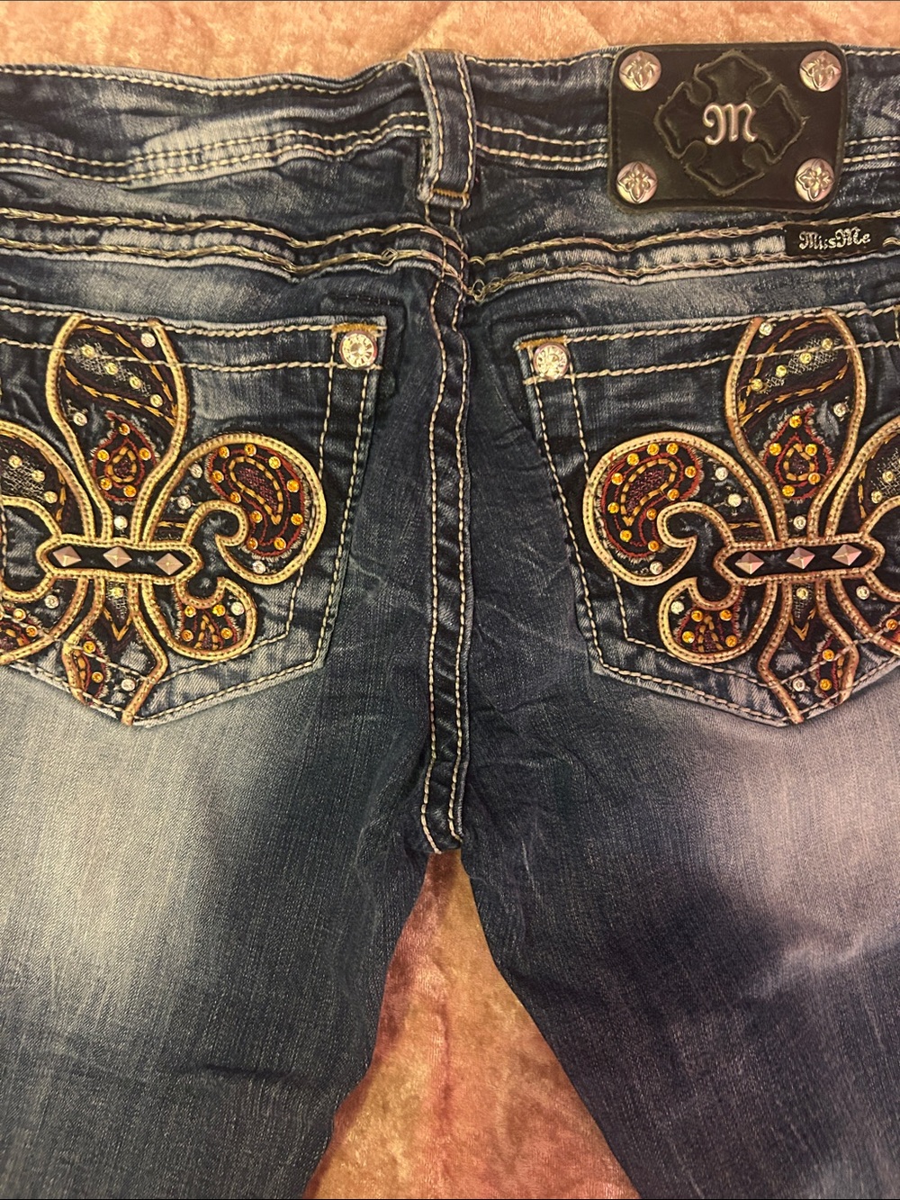 Miss Me Blue Denim Boot Cut Jeans with Gold Fleur-de-Lis Embroidery